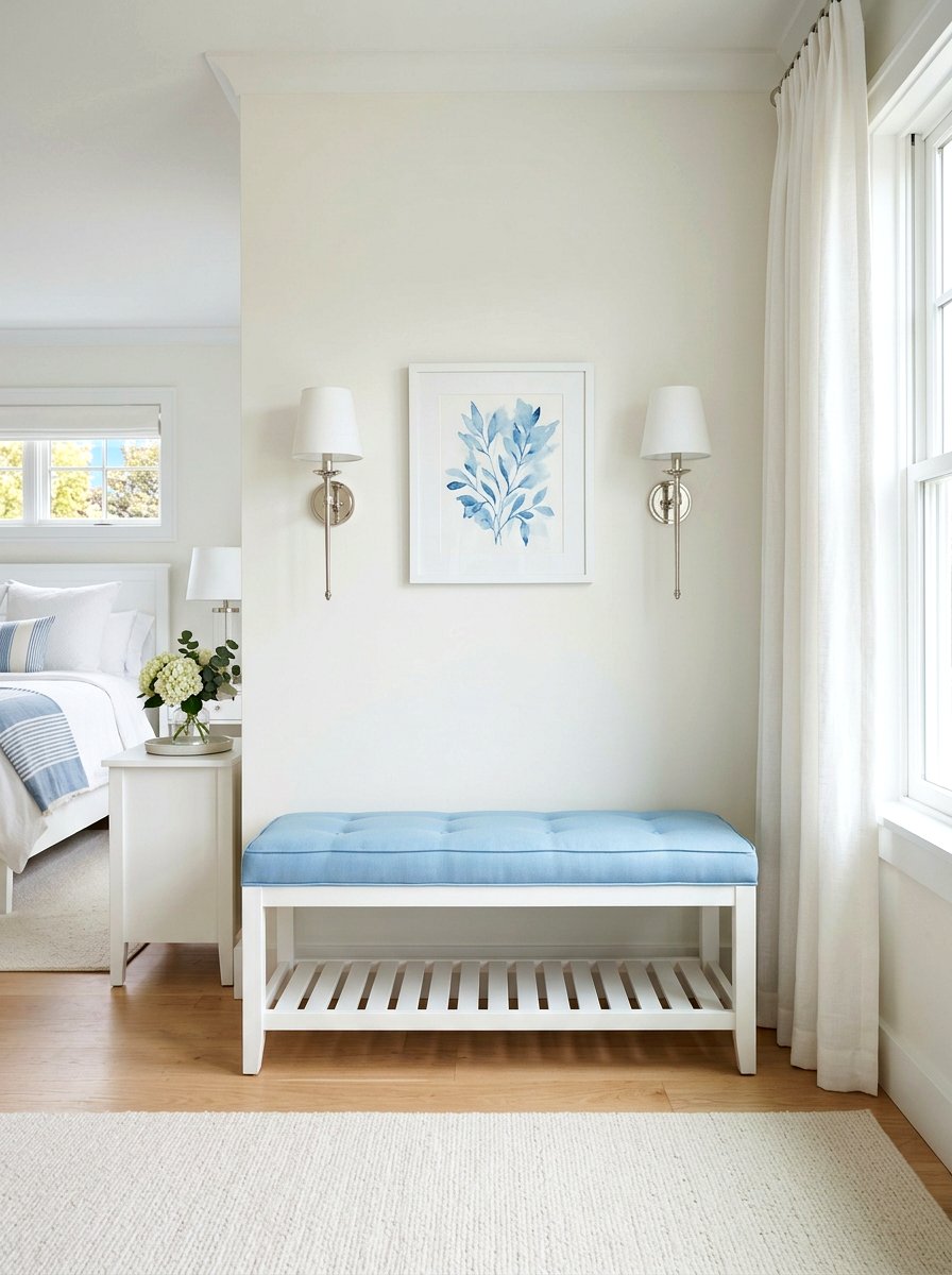 Sky Blue Upholstered Bench - 25 Spring Bedroom Bench Ideas