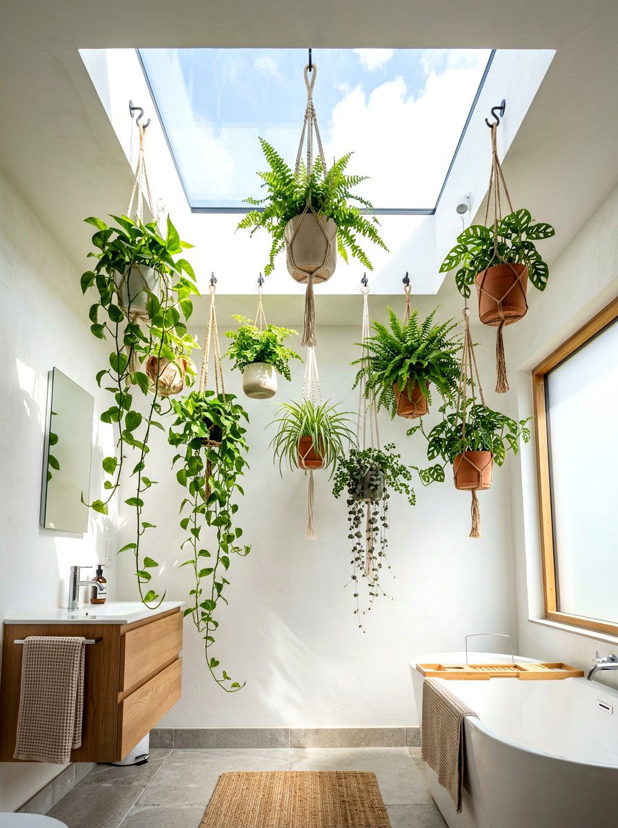 Skylight hanging plants - 25 Spring Bathroom Plant Display Ideas