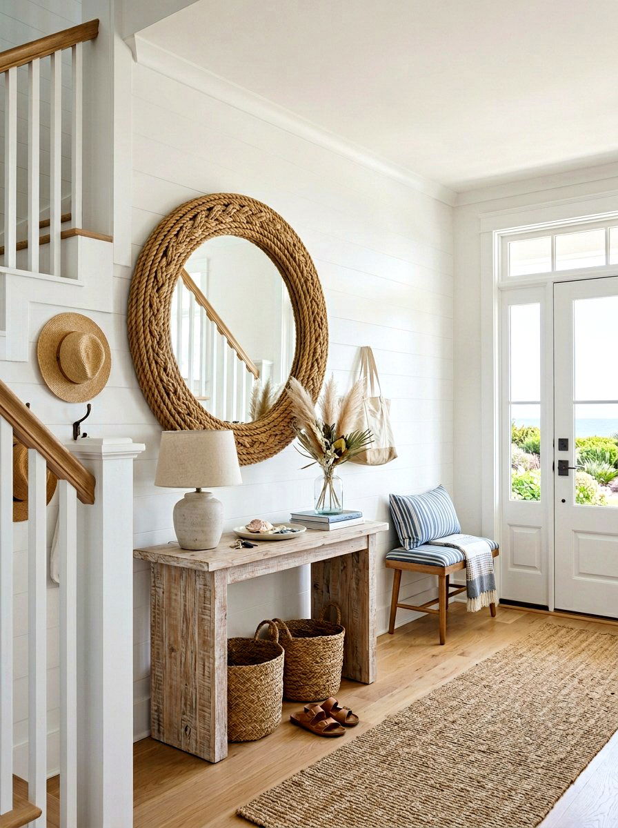 Small Coastal Entryway With Round Mirrors - 25 Spring Beach House Decor Ideas