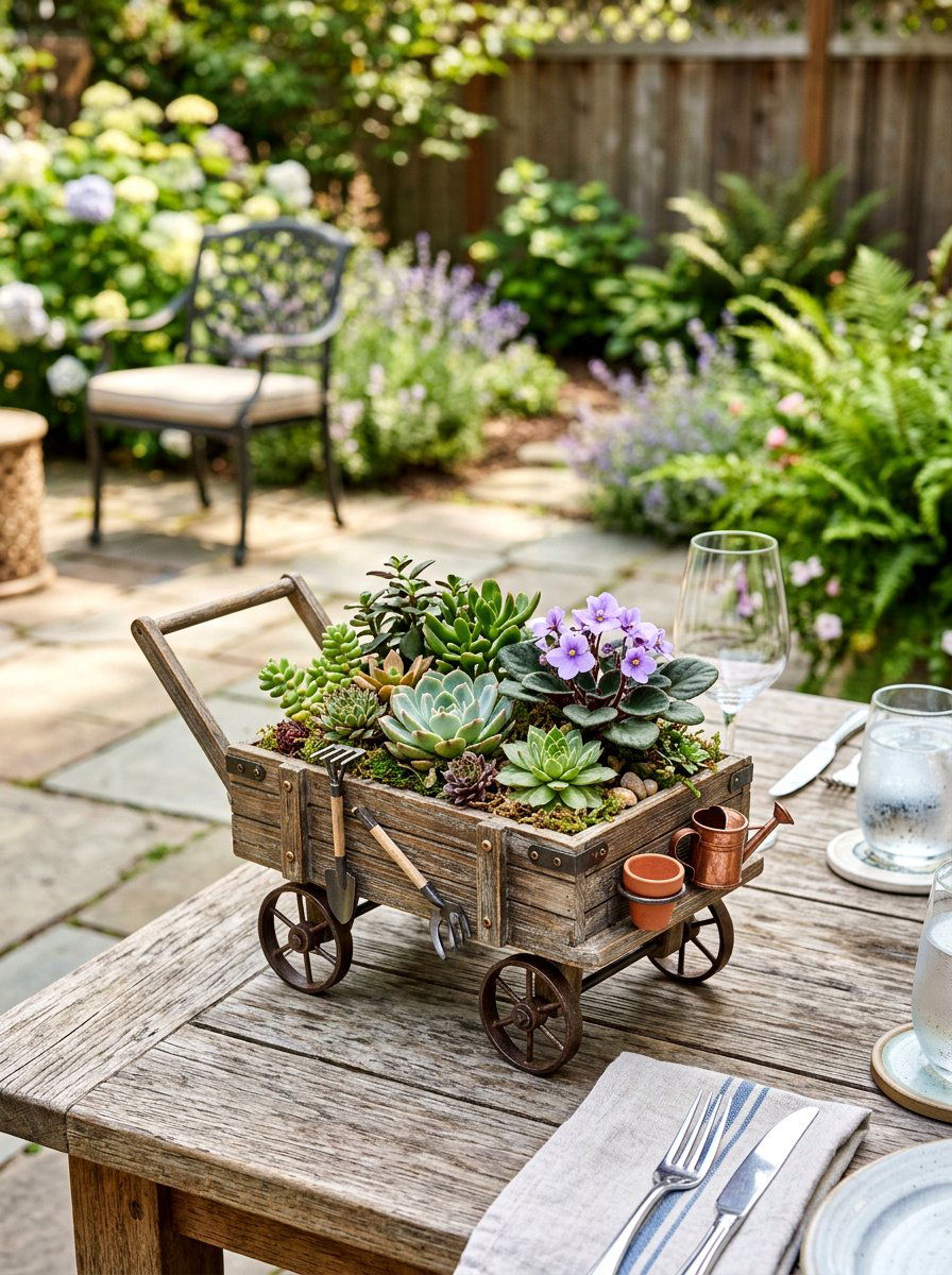 Small Decorative Tabletop Garden Cart - 25 Spring Garden Cart Display Ideas