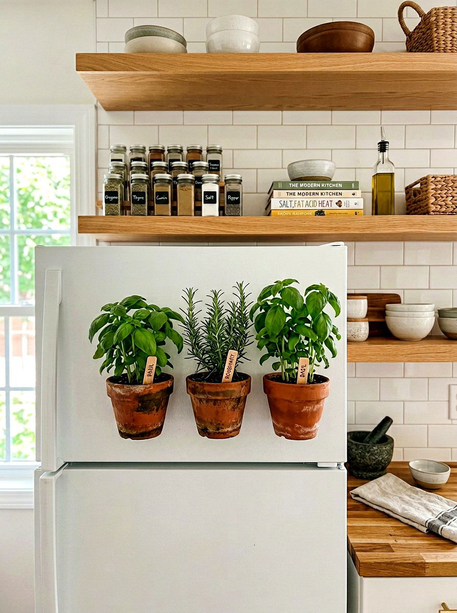 Small Potted Herbs - 25 Spring Refrigerator Top Decor Ideas