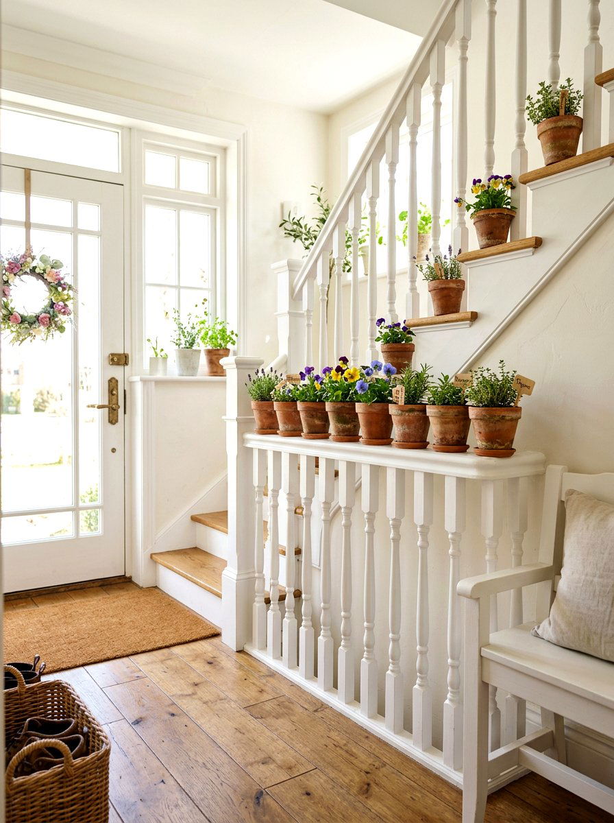 Small Terracotta Pots - 25 Spring Stair Railing Decor Ideas
