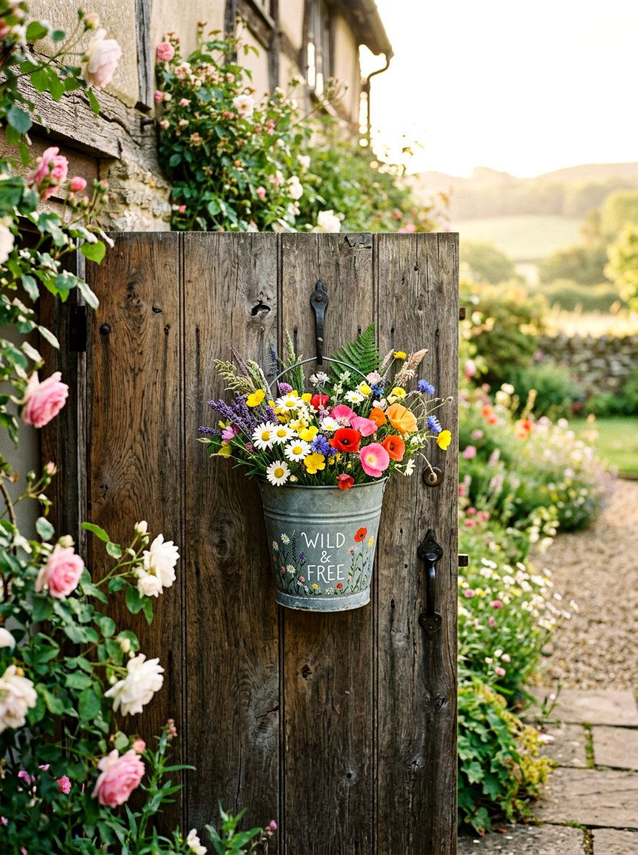 Small zinc bucket with wildflowers - 25 Spring Flower Bucket Door Ideas
