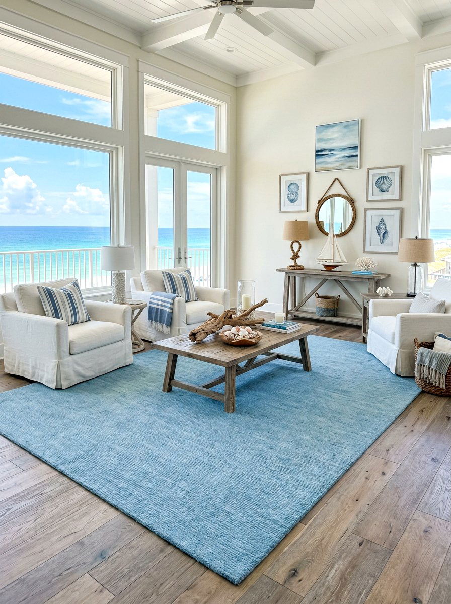 Soft Blue Coastal Rug - 25 Spring Living Room Rug Ideas