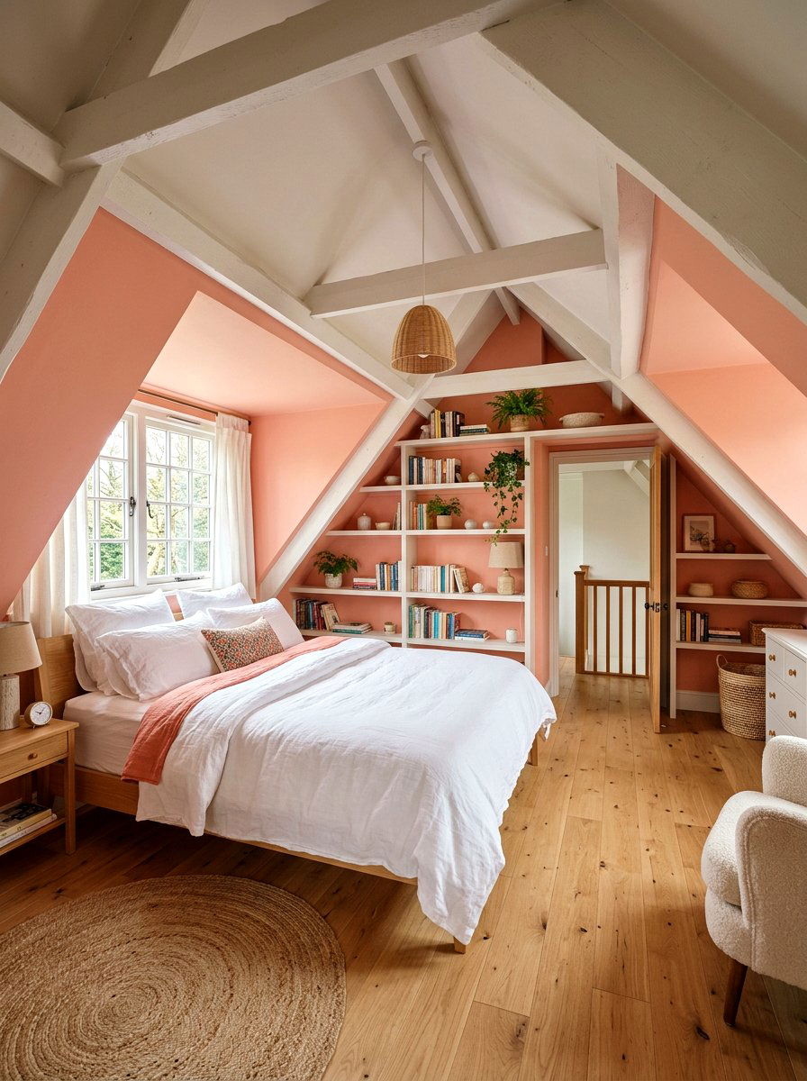 Soft Coral Attic Bedroom - 25 Spring Pastel Decor Ideas