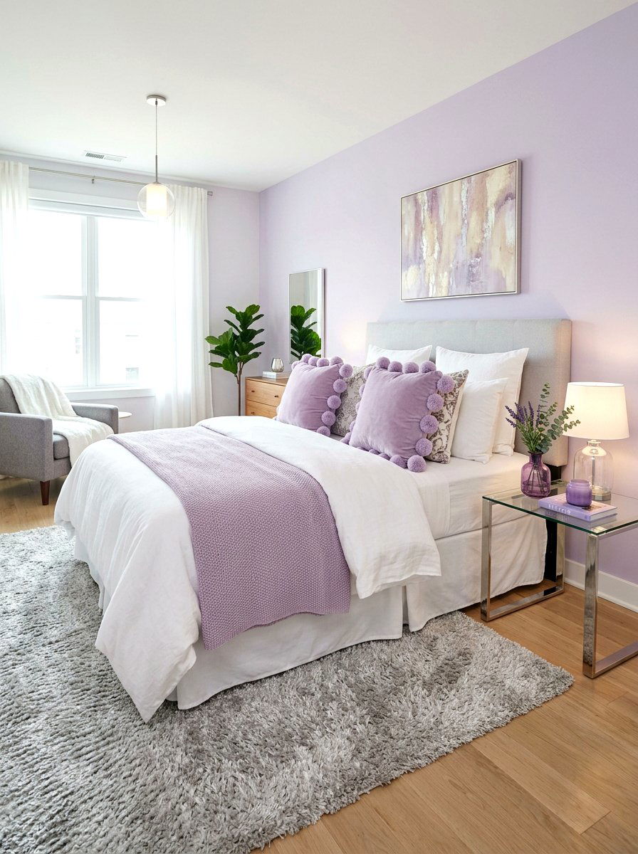 Soft Lilac Pom Pom Pillow - 25 Spring Bedroom Pillow Ideas