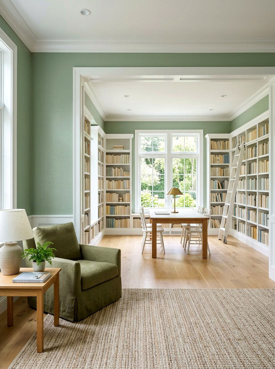 Soft green wall paint - 25 Spring Library Decor Ideas