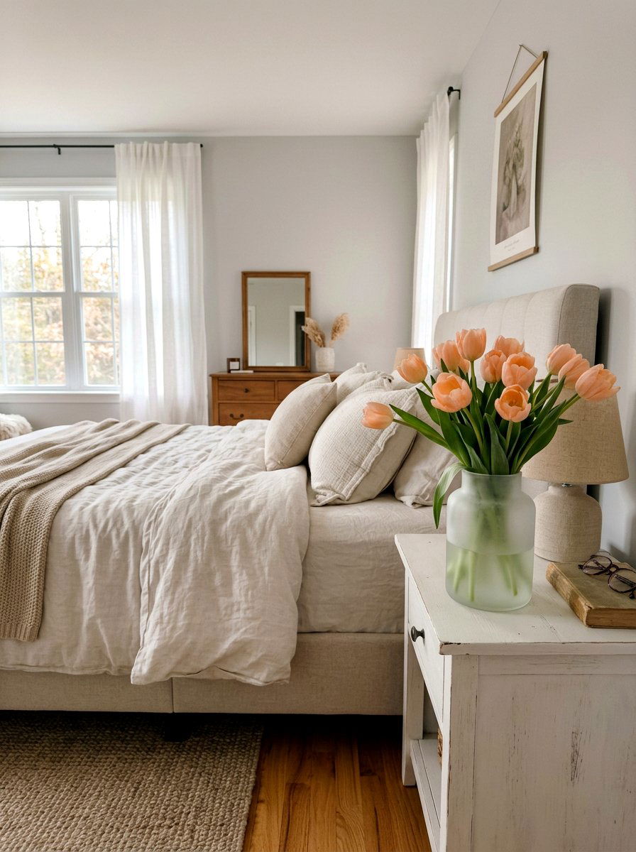 Soft peach tulips in frosted glass vase - 25 Spring Tulip Bulb Vase Ideas