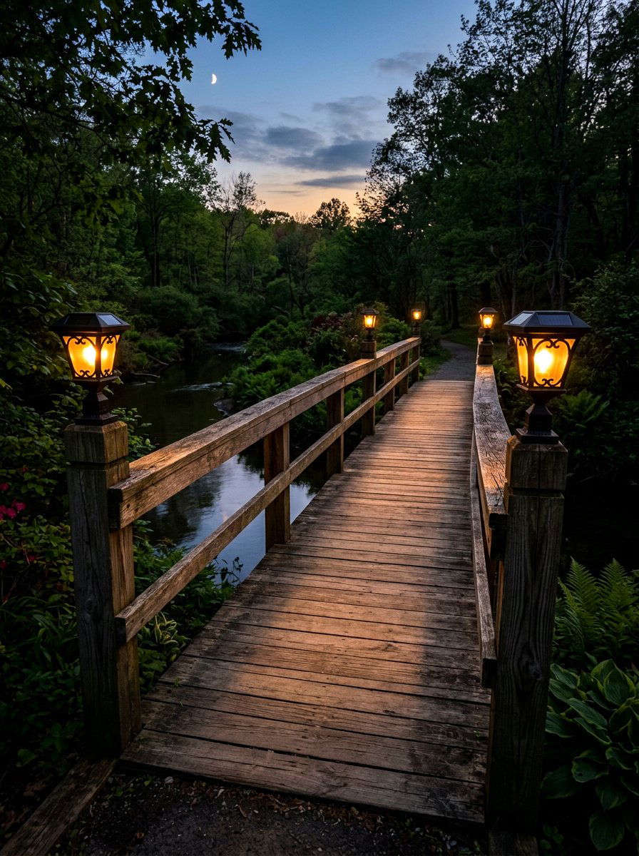 Solar Lanterns Bridge Posts - 25 Spring Garden Bridge Decor Ideas