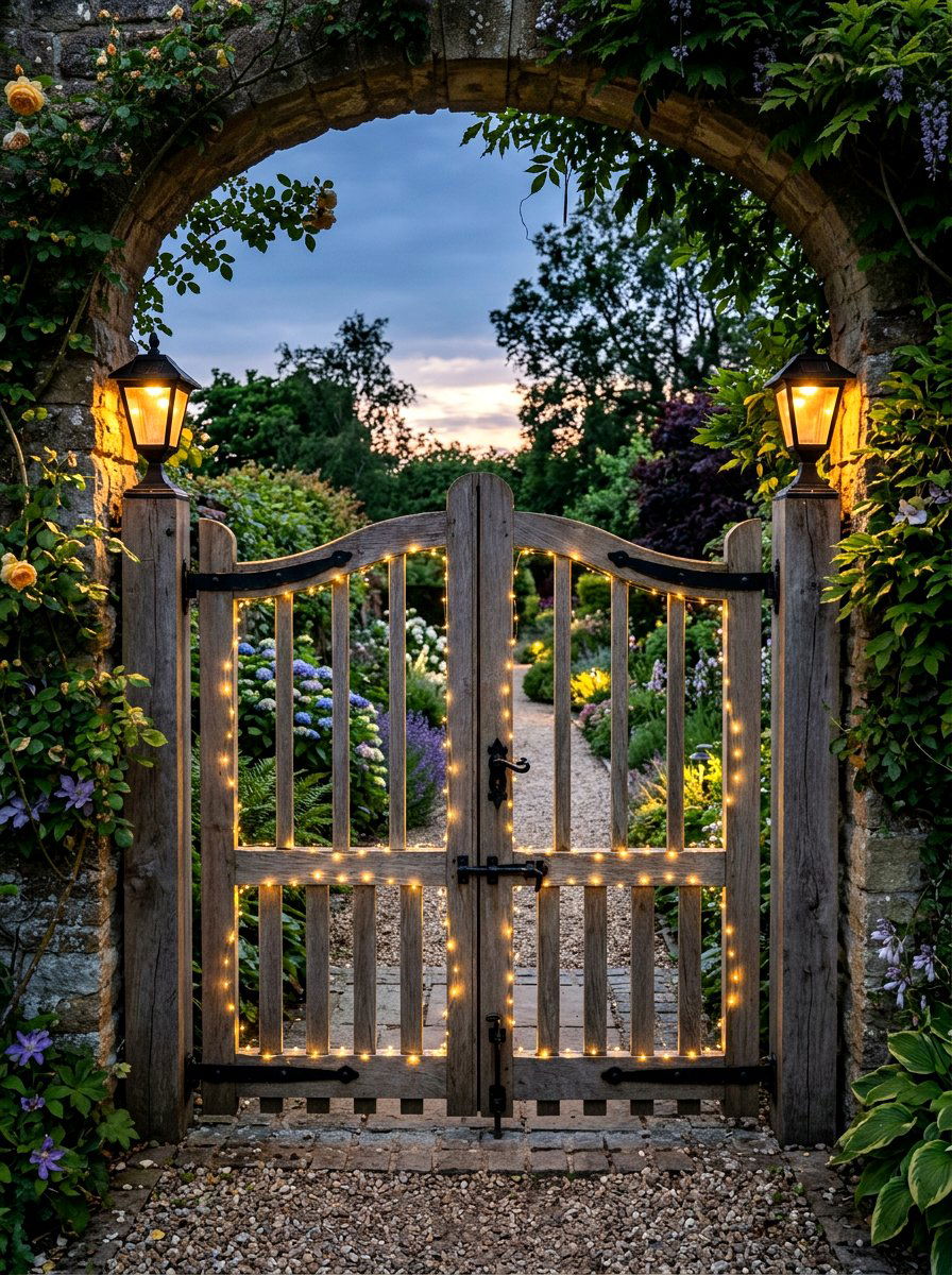 Solar Light Garden Gate - 25 Spring Wooden Gate Decor Ideas
