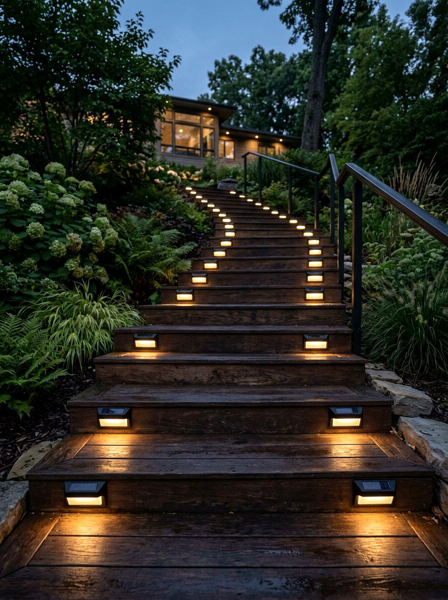 Solar Pathway Lights On Steps - 25 Spring Outdoor Staircase Decor Ideas
