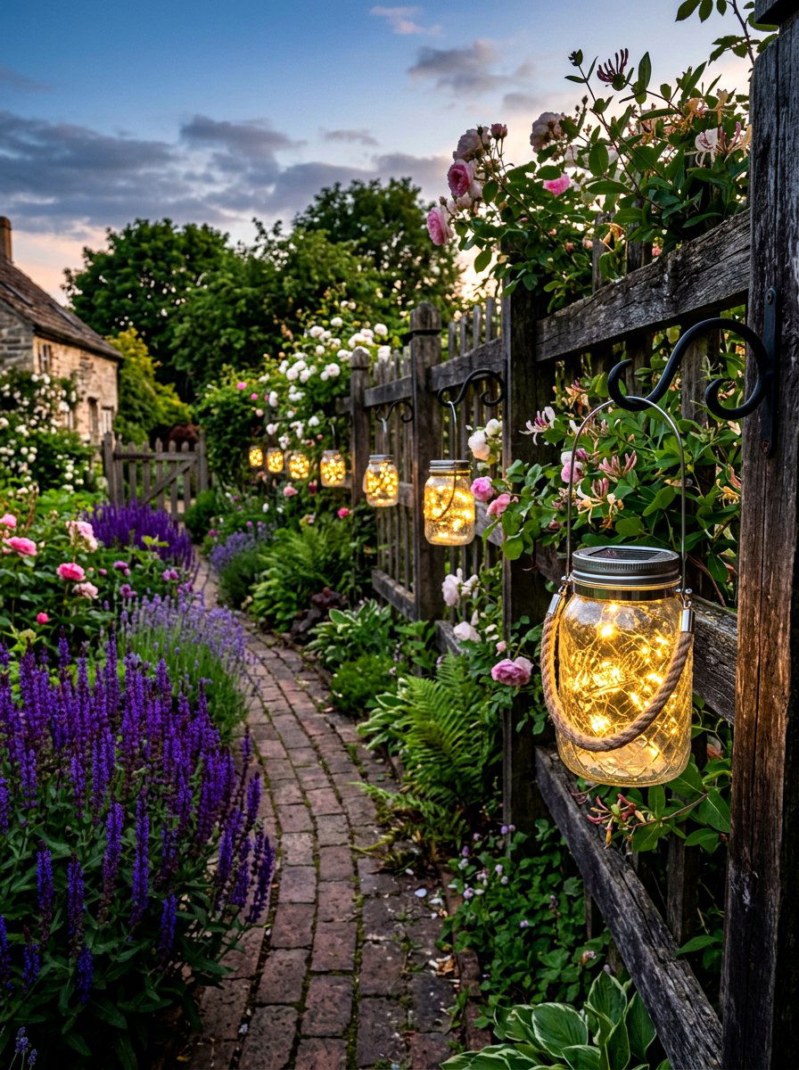 Solar lantern jars - 25 Spring Cottage Fence Decor Ideas