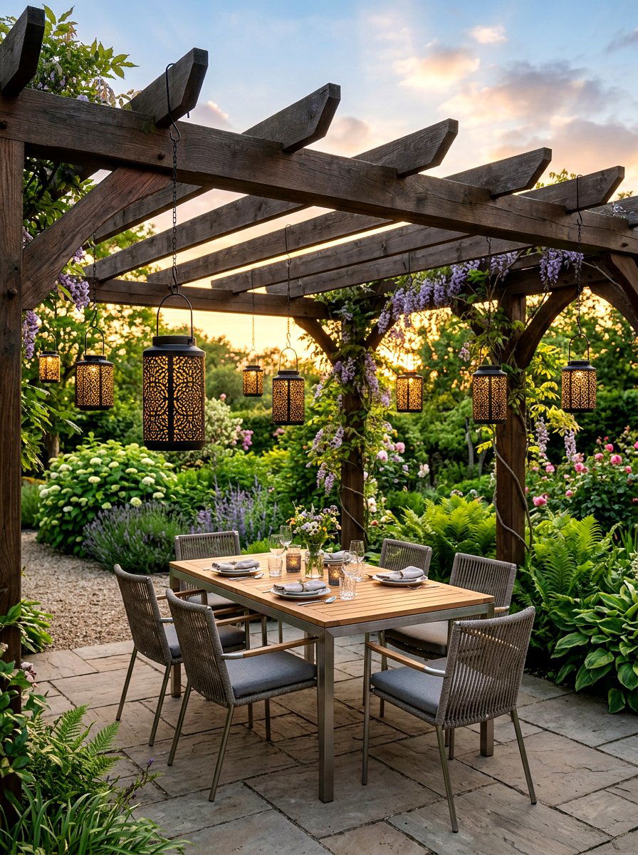 Solar lantern lights - 25 Spring Pergola Hanging Decor Ideas