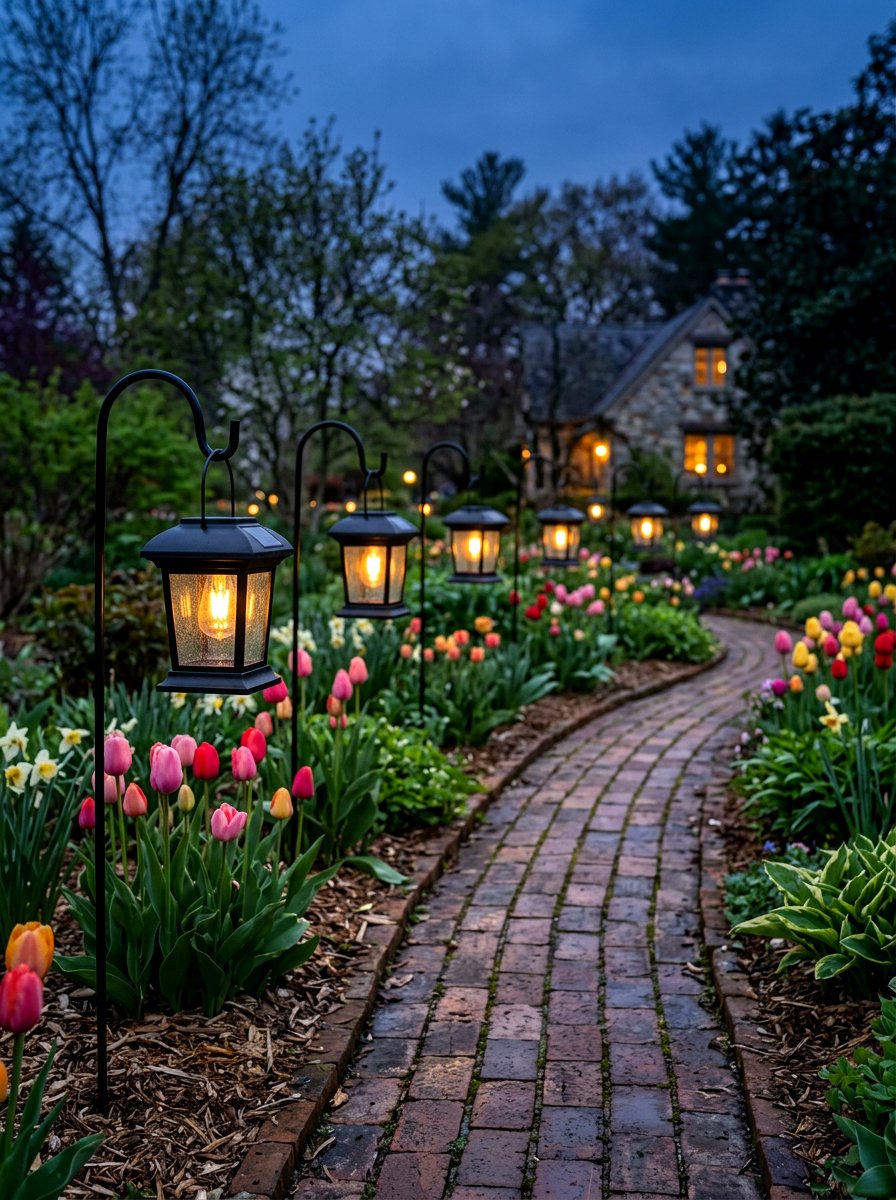 Solar lantern path lighting - 25 Spring Garden Path Decor Ideas