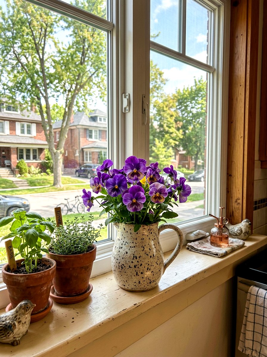 Speckled Ceramic Pitcher with Pansies - 25 Spring Pitcher Flower Ideas