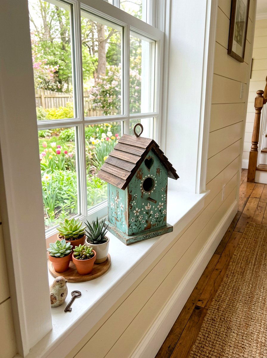 Spring Birdhouse - 25 Spring Window Ledge Decor Ideas