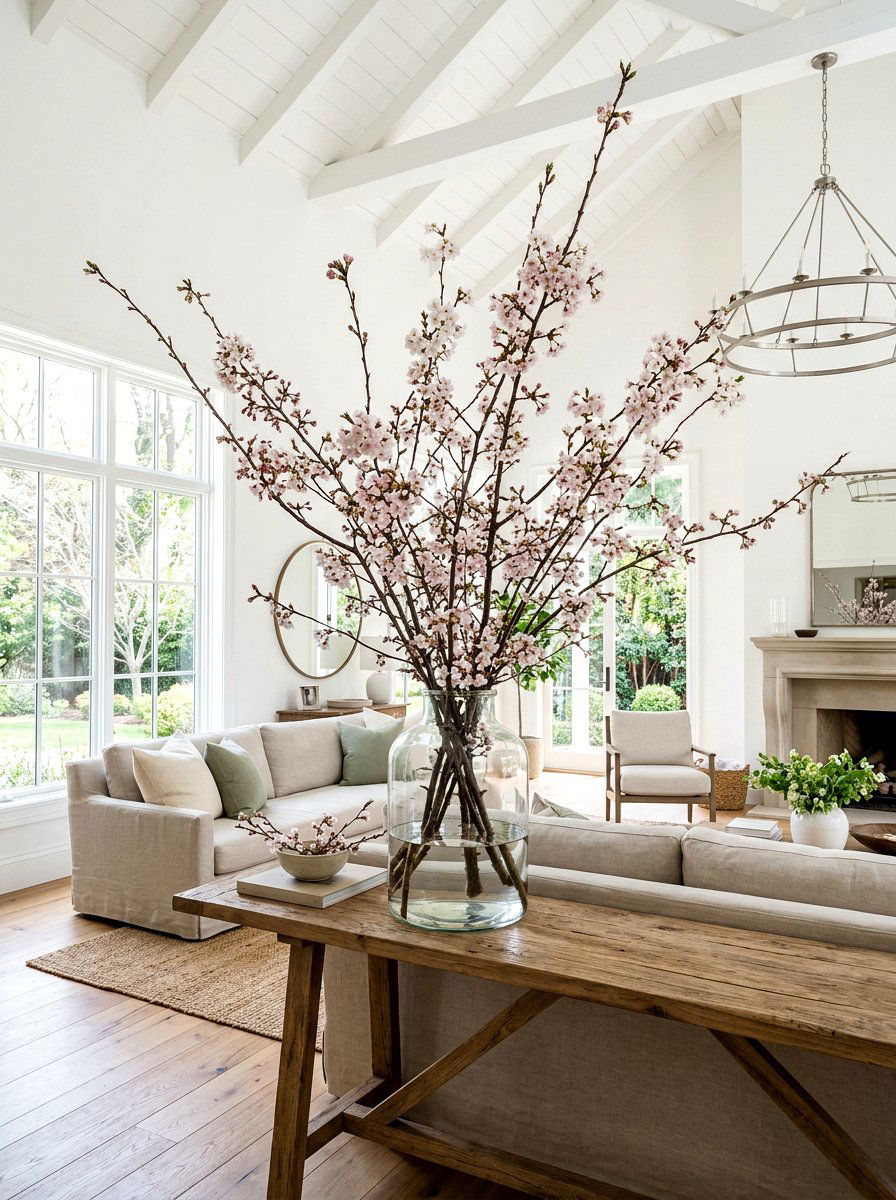 Spring Branch Decor In Large Vase - 25 Spring Sofa Table Decor Ideas