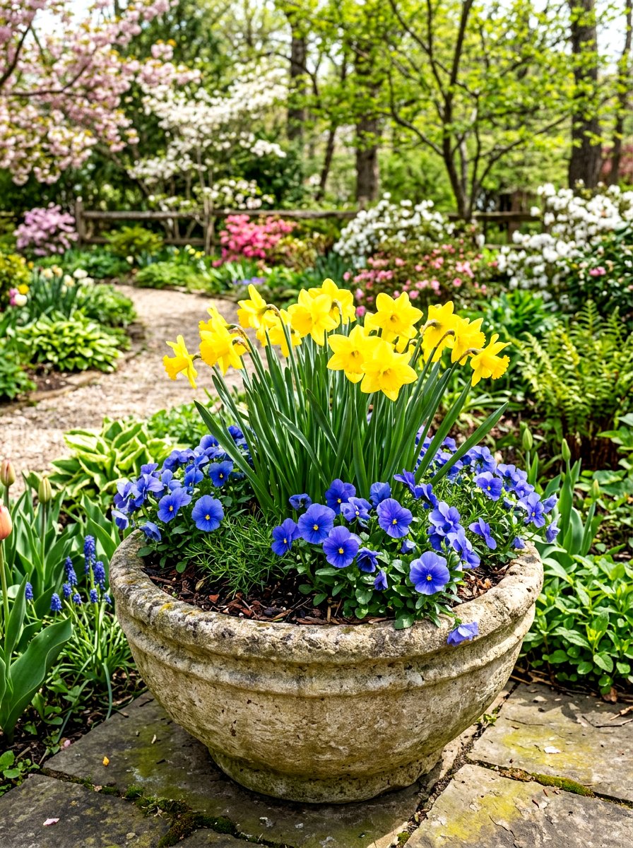 Spring Bulb And Pansy Combo - 25 Spring Pansy Planter Ideas