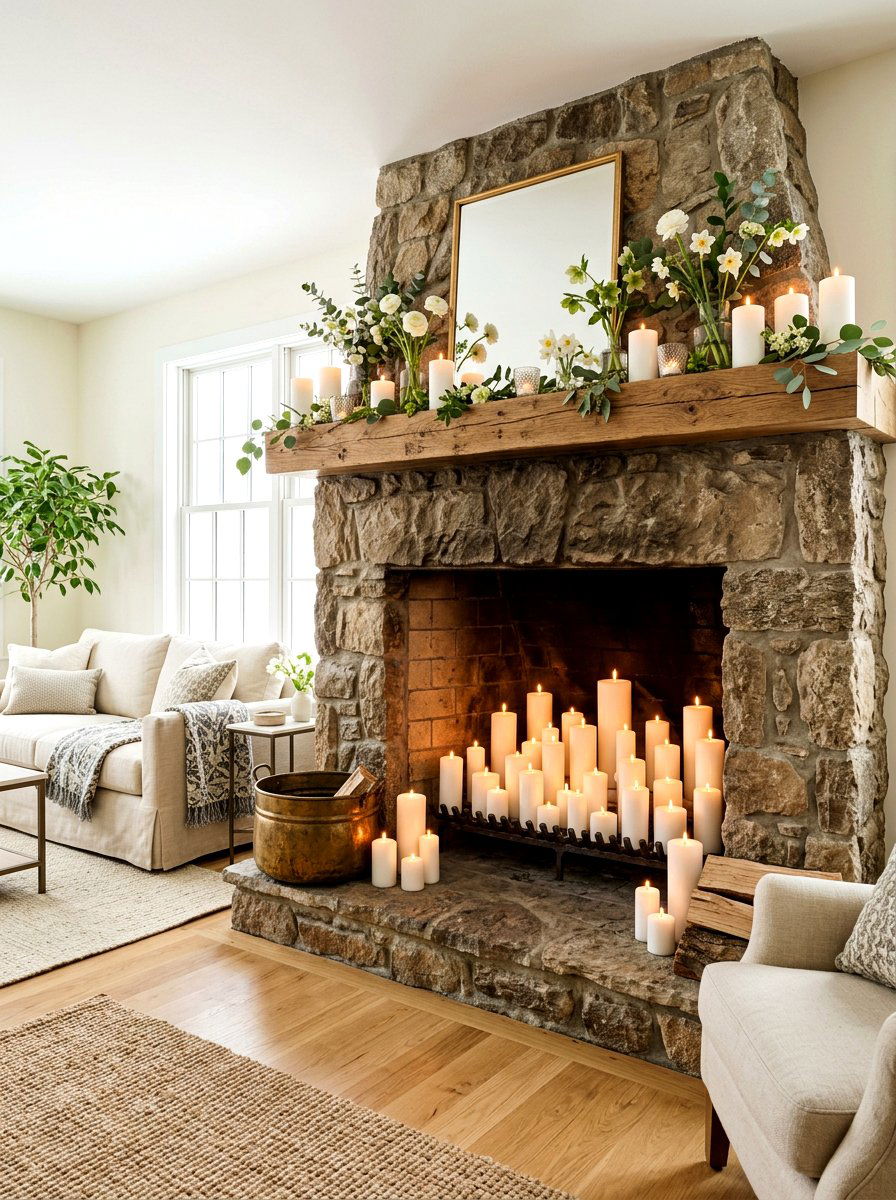 Spring Candle Fireplace - 25 Spring Stone Fireplace Decor Ideas