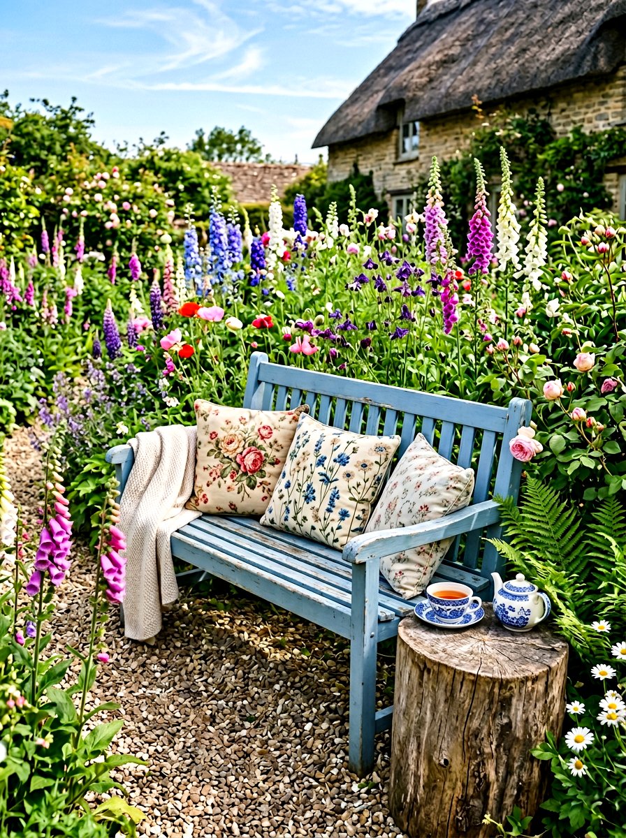 Spring Cottage Garden Bench - 25 Spring Outdoor Bench Decor Ideas