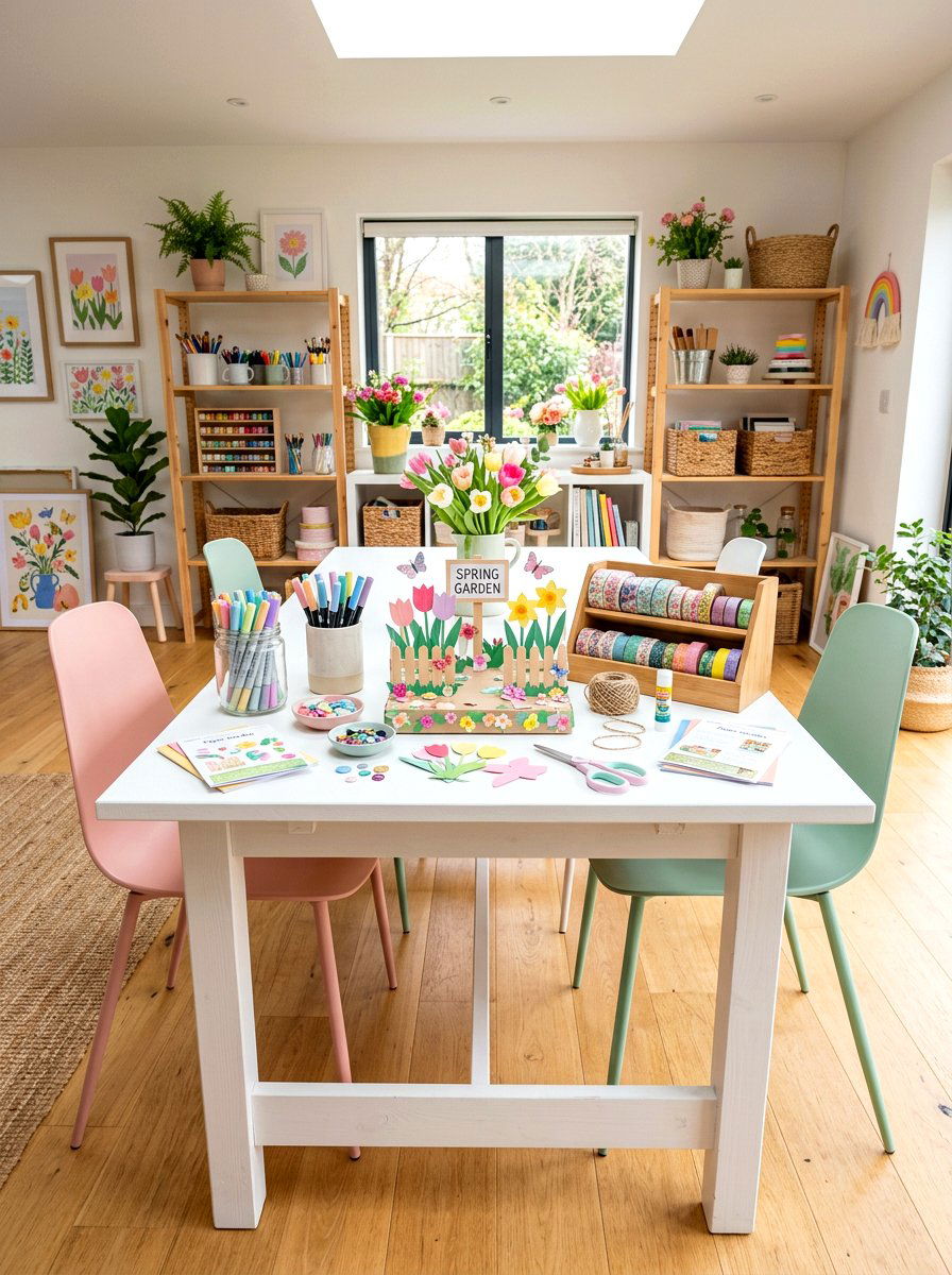 Spring Craft Table Setup - 25 Spring Playroom Decor Ideas