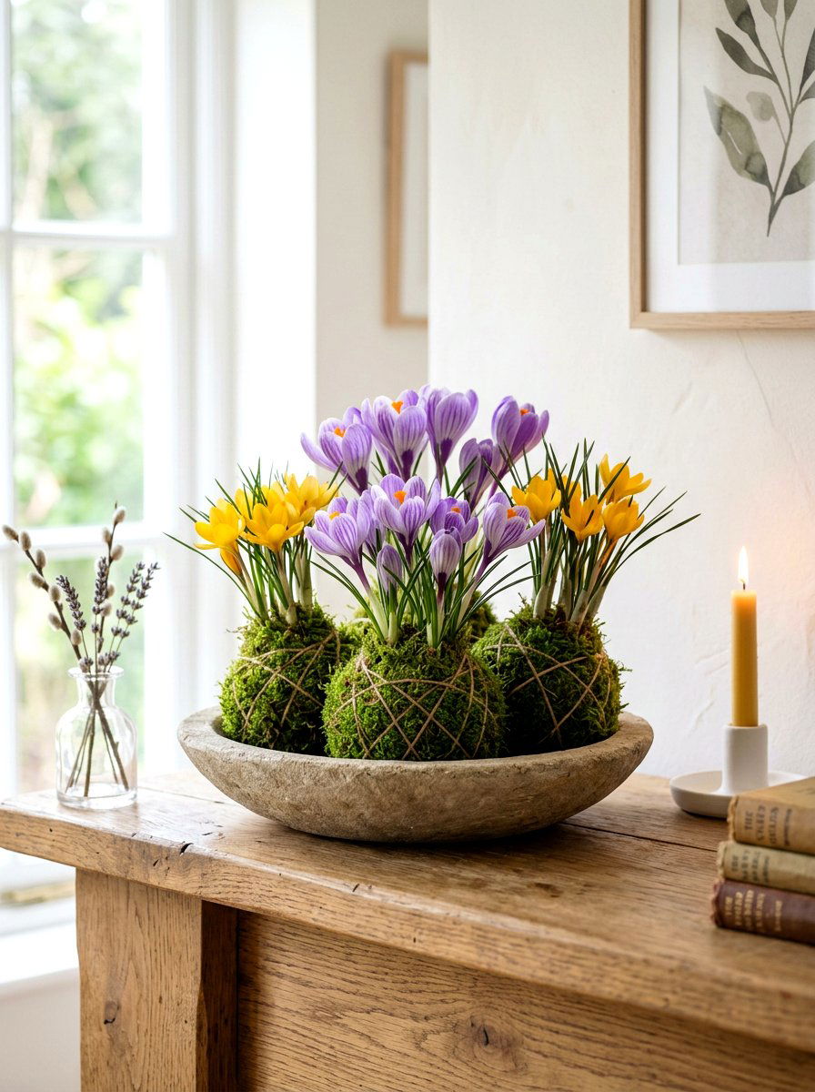 Spring Crocus Moss Ball - 25 Spring Kokedama Ideas