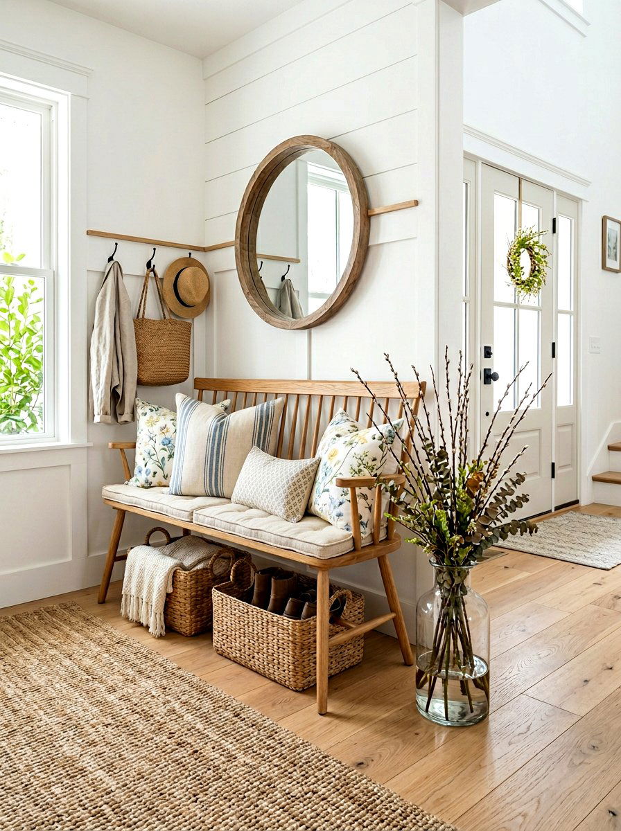 Spring Entryway Bench Styling - 25 Spring Farmhouse Decor Ideas