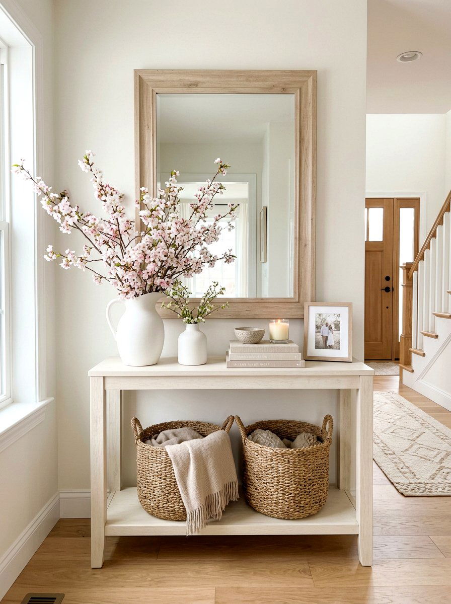 Spring Entryway Table - 25 Spring Warm White Decor Ideas