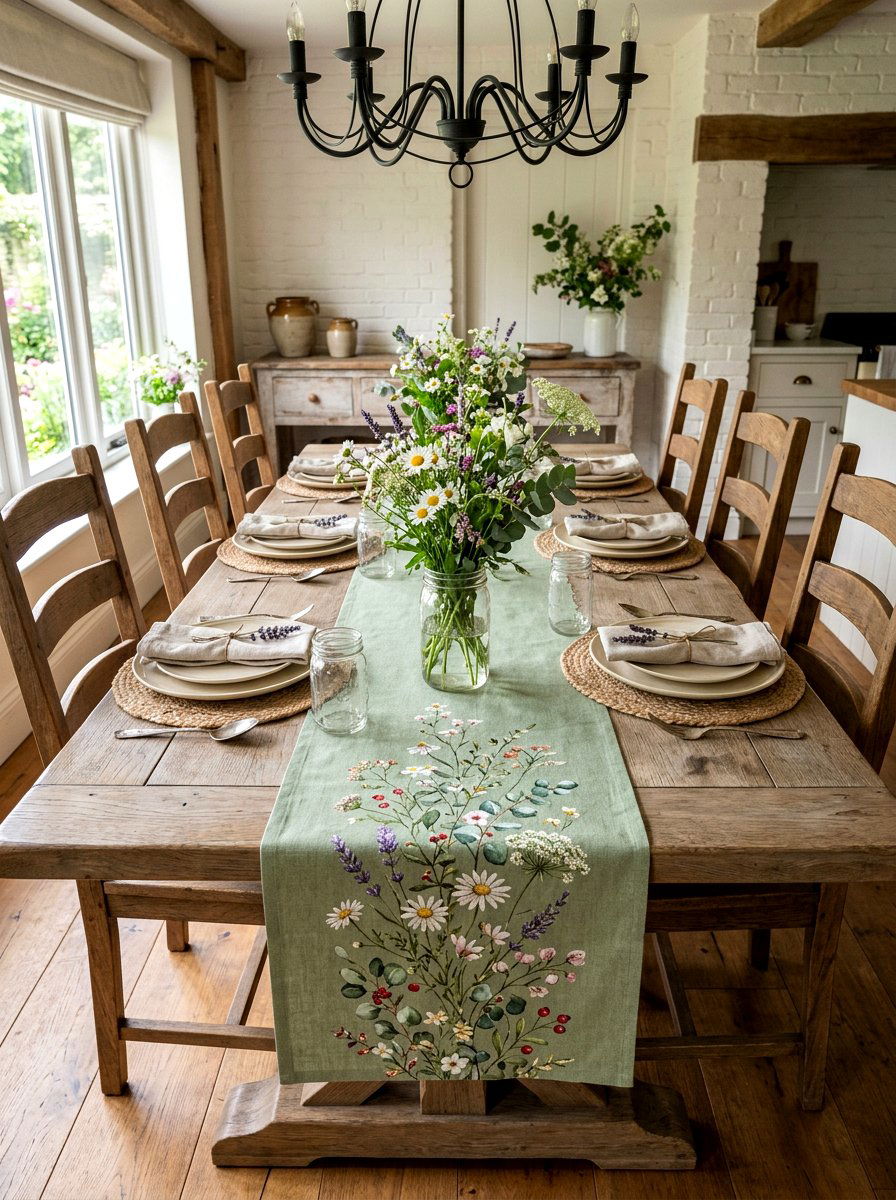 Spring Floral Dining Table Runner - 25 Spring Farmhouse Decor Ideas