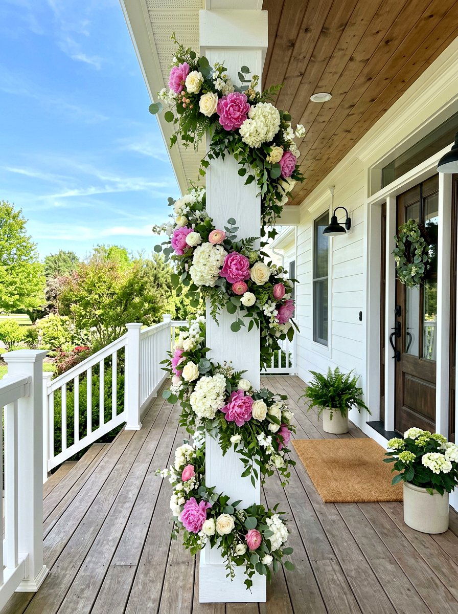 Spring Floral Garland - 25 Spring Porch Column Decor Ideas