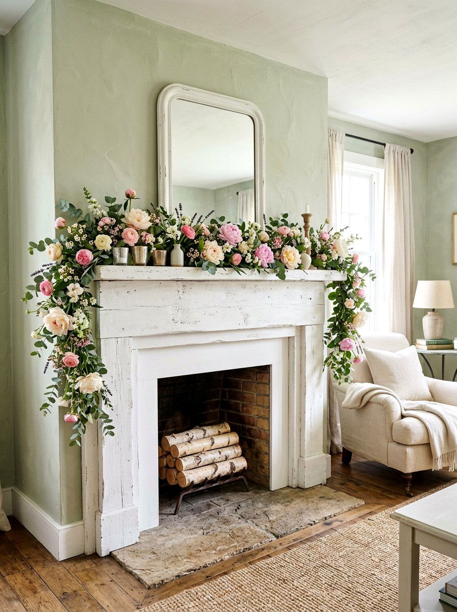 Spring Floral Garland - 25 Spring Cottage Mantel Ideas