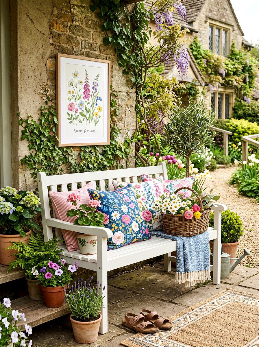 Spring Floral Porch Bench - 25 Spring Outdoor Bench Decor Ideas