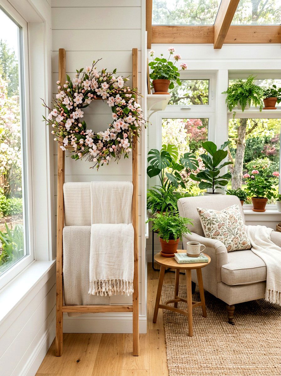 Spring Floral Wreath - 25 Spring Blanket Ladder Decor Ideas