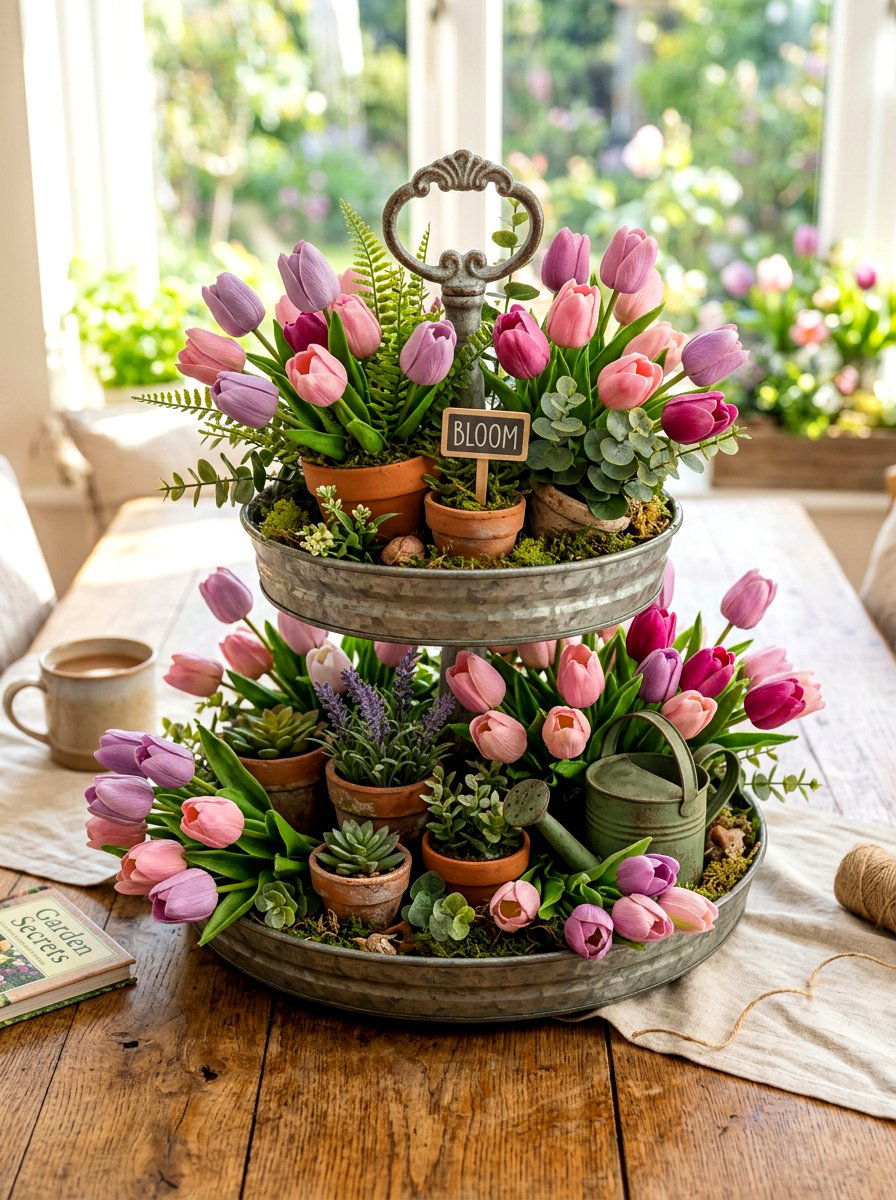 Spring Flower Garden - 25 Spring Tiered Tray Decor Ideas