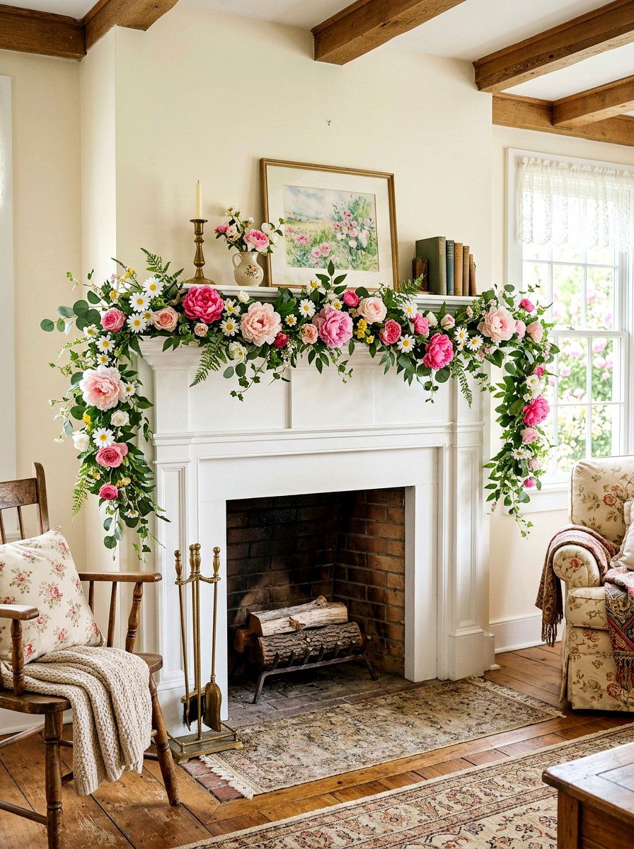 Spring Flower Garland - 25 Spring Mantel Decor Ideas