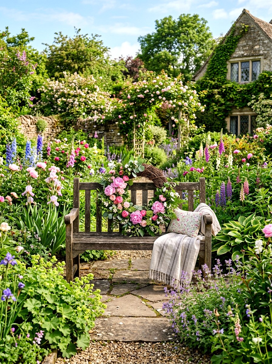 Spring Garden Bench Wreath - 25 Spring Garden Bench Decor Ideas