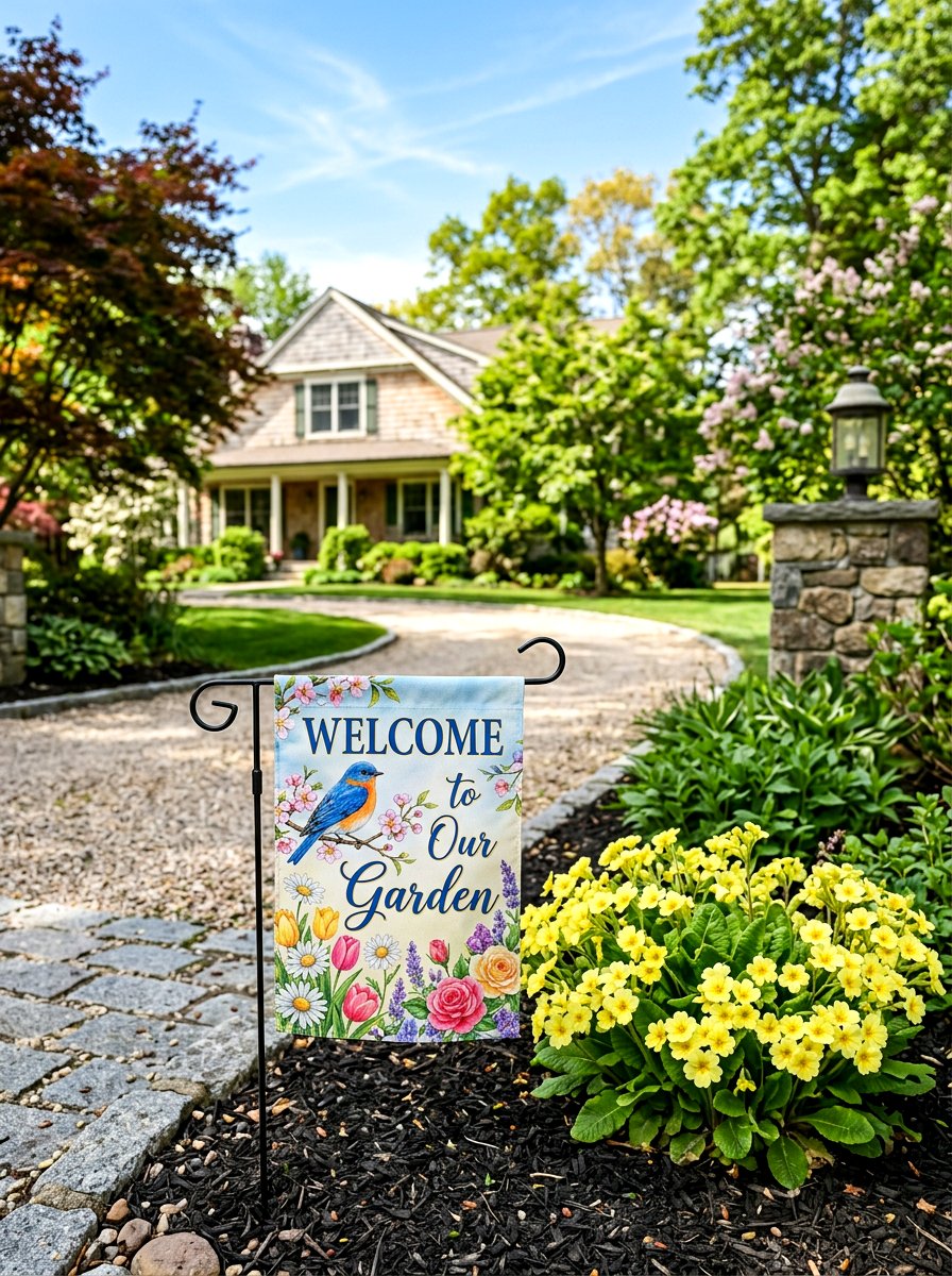 Spring Garden Flag Near Driveway - 25 Spring Driveway Decor Ideas