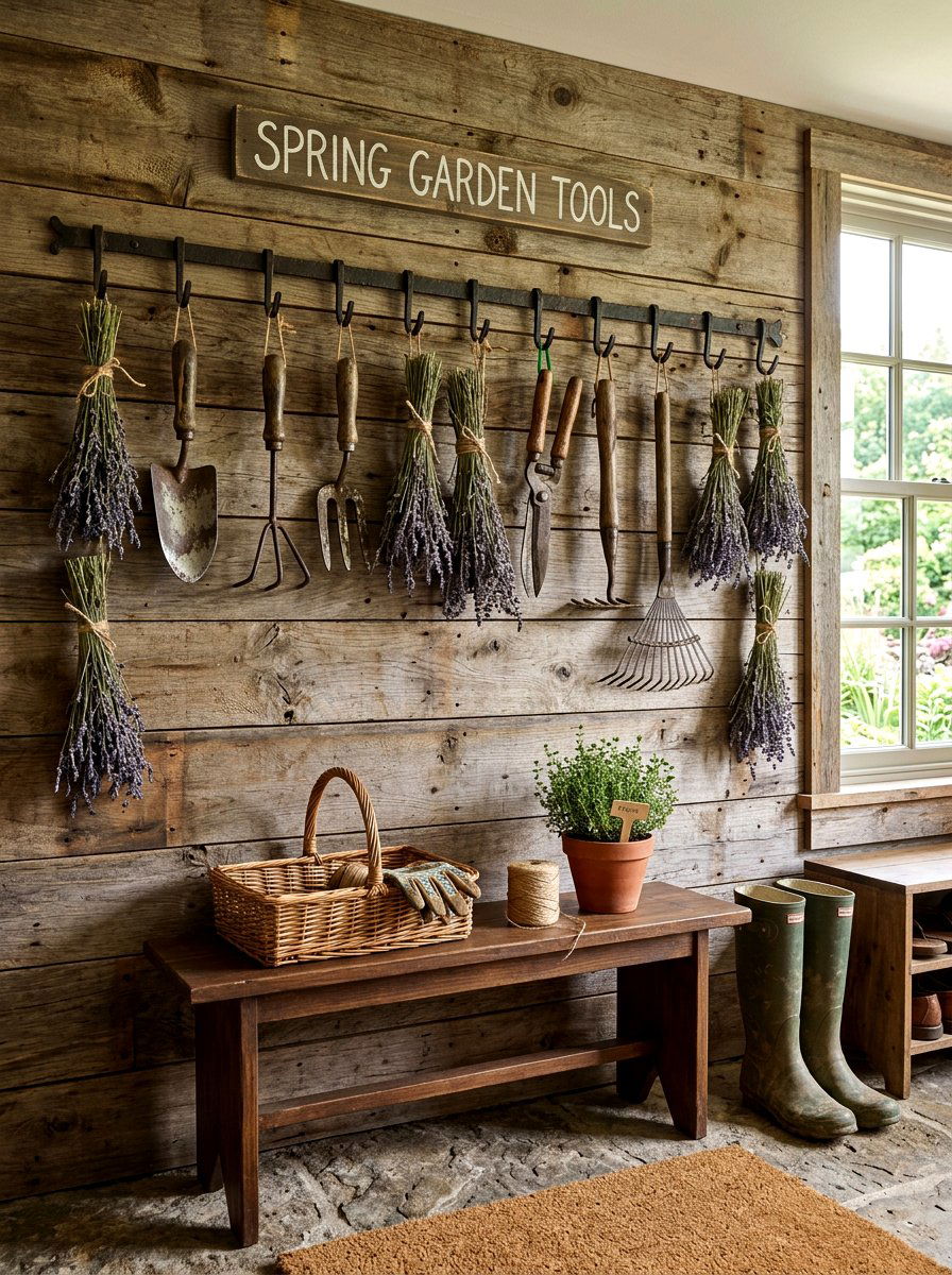 Spring Garden Tool Wall Display - 25 Spring Farmhouse Decor Ideas