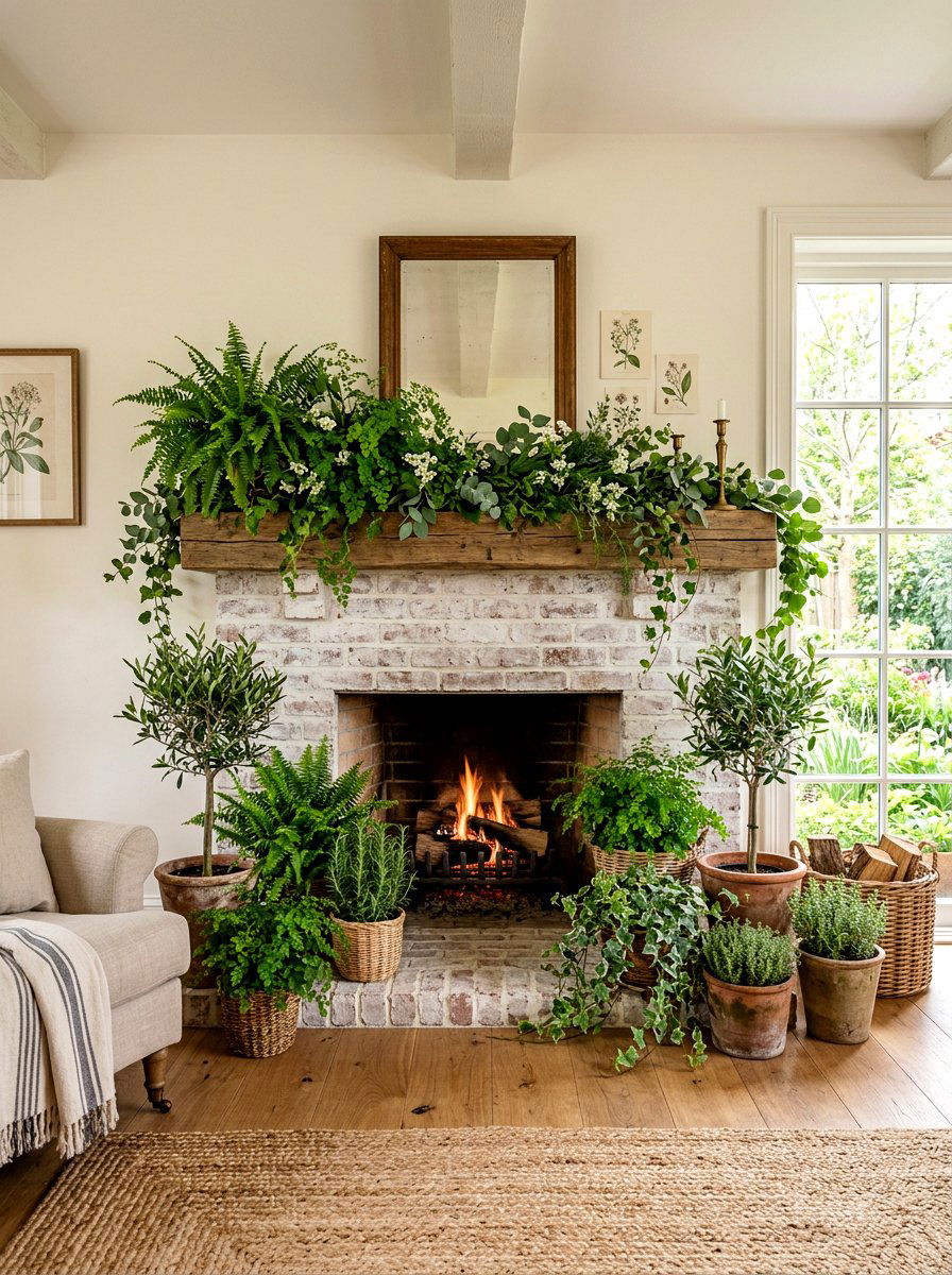 Spring Greenery Fireplace - 25 Spring Farmhouse Fireplace Ideas