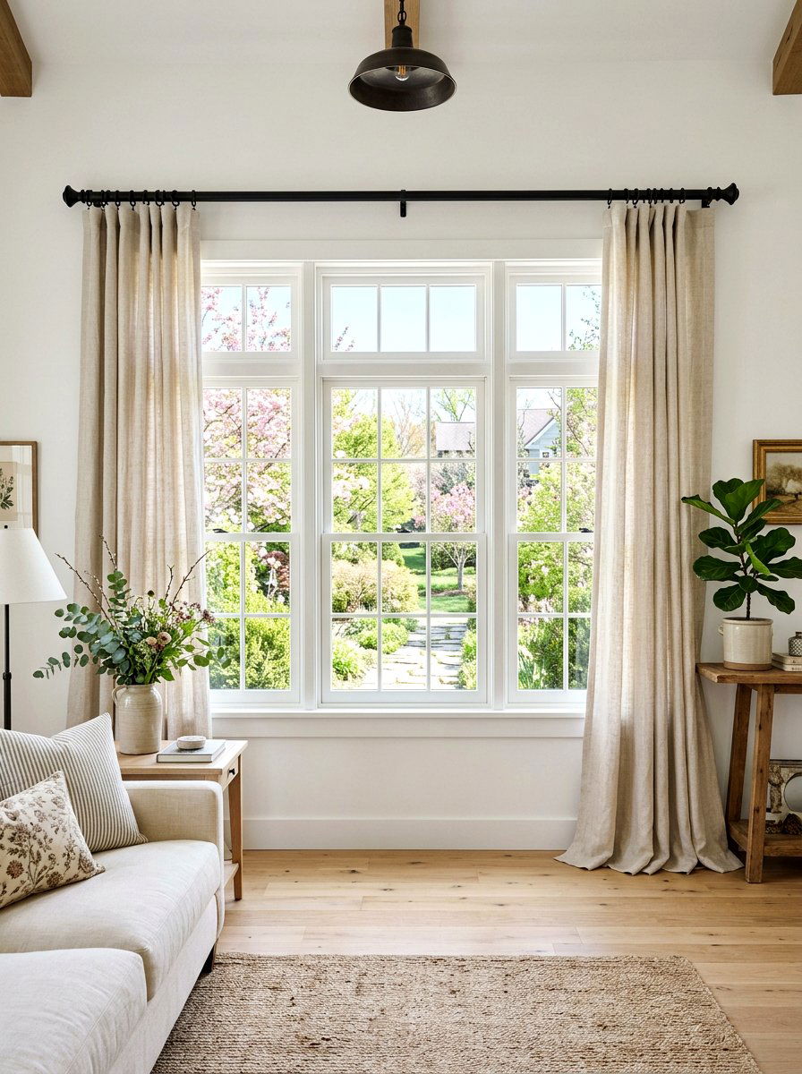 Spring Linen Living Room Curtains - 25 Spring Farmhouse Decor Ideas