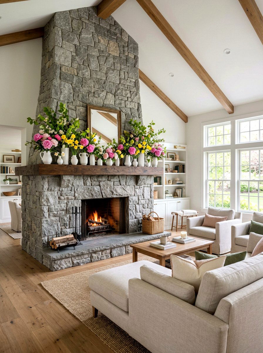 25 Gorgeous Spring Stone Fireplace Decor Ideas for Cozy Vibes