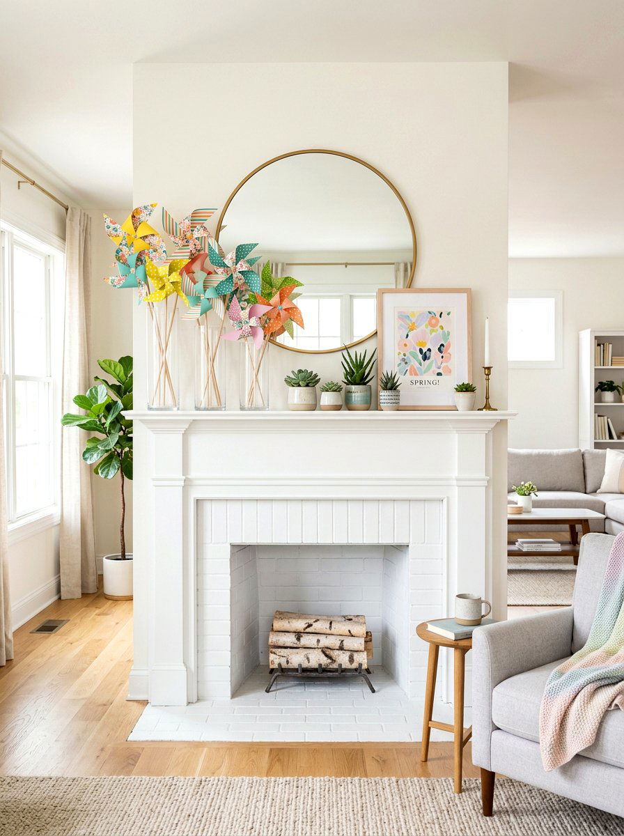 Spring Mantel Pinwheel Display - 25 Spring Pinwheel Decor Ideas