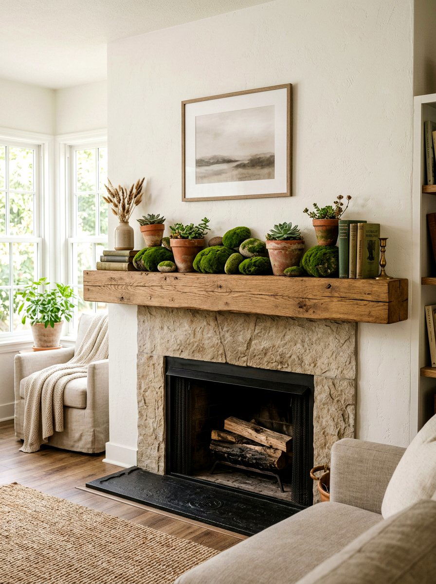 Spring Moss Stones - 25 Spring Living Room Mantel Ideas