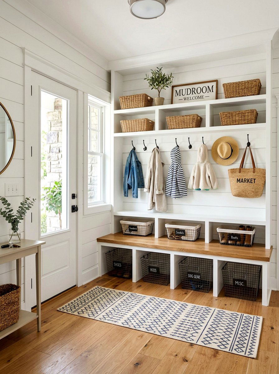 Spring Mudroom Organization Bench - 25 Spring Farmhouse Decor Ideas