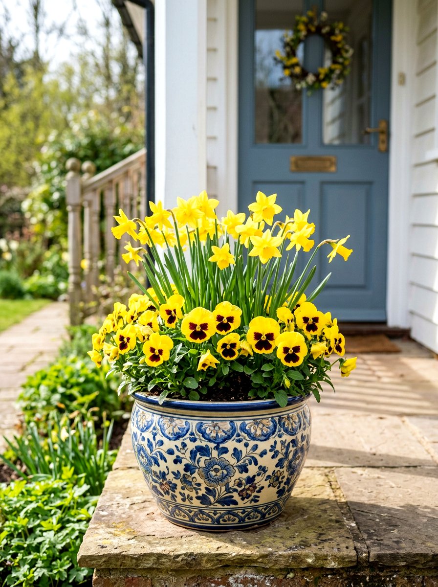 Spring Pansy And Daffodil Pot - 25 Spring Pansy Planter Ideas