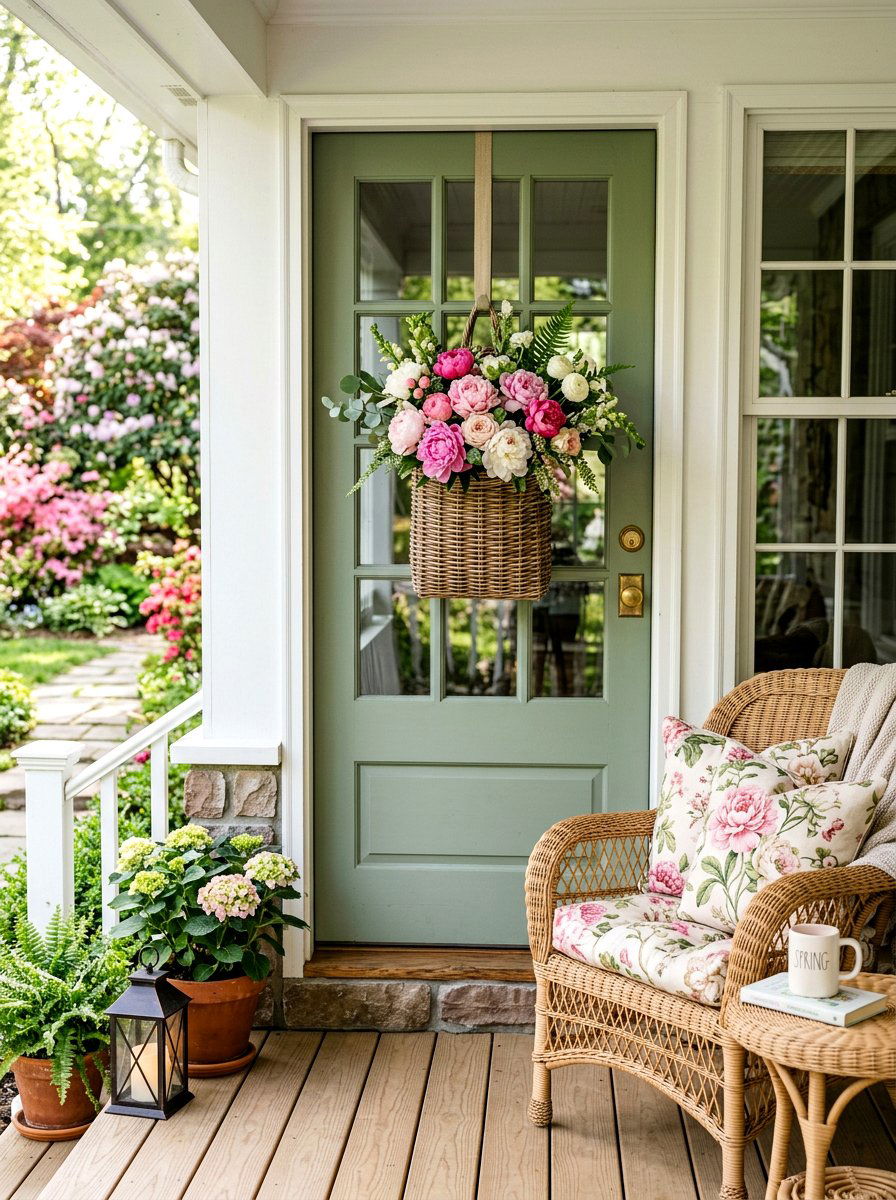 Spring Peony Door Basket - 25 Spring Peony Wreath Ideas