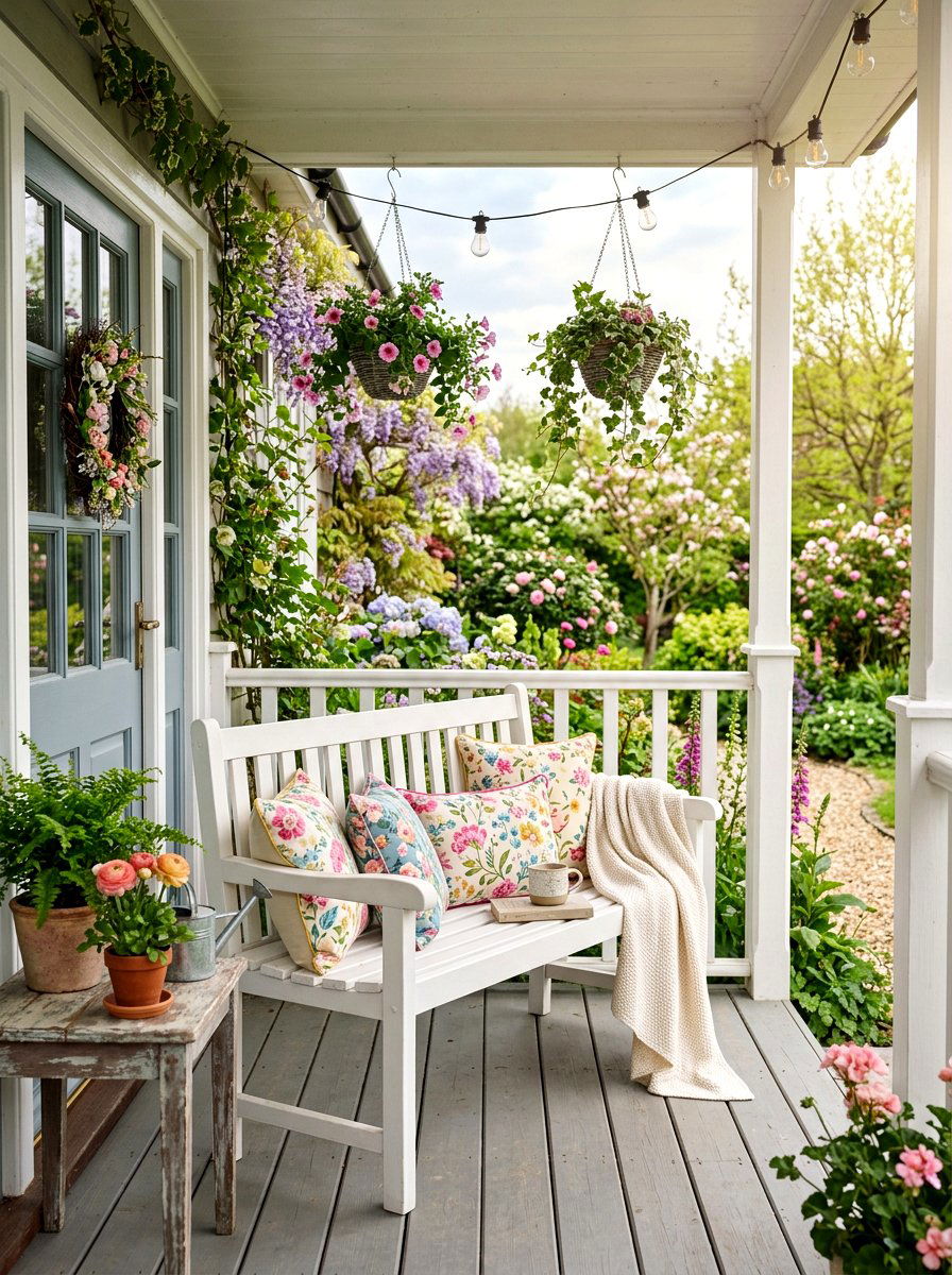 Spring Porch Bench - 25 Spring Patio Door Decor Ideas
