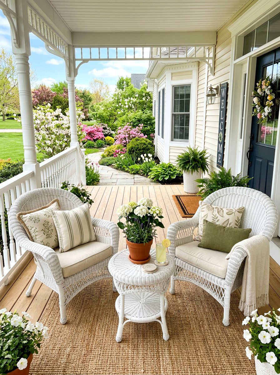 Spring Porch Seating - 25 Spring Warm White Decor Ideas