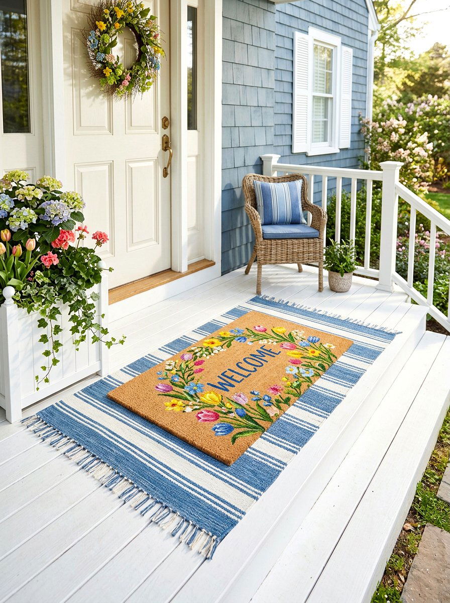 Spring Staircase Welcome Mat - 25 Spring Outdoor Staircase Decor Ideas