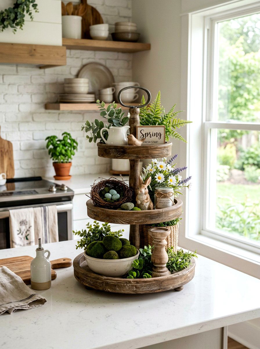 Spring Tiered Tray Kitchen Counter - 25 Spring Farmhouse Decor Ideas